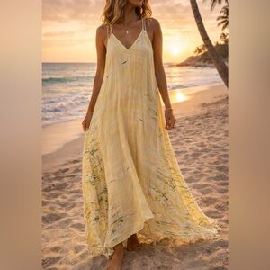 Yellow Floral Maxi Dress Size L Boho Beach Flowy Sundress Summer 😍😎